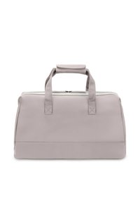Graue, weiche Duffel-Tasche mit zwei Griffen und einem Reißverschluss. Verfügt über eine glatte, matte Textur und eine strukturierte Form.