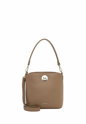Brown leather crossbody bag with a textured finish, a round gold accent logo, and an adjustable strap. Compact rectangular shape.
