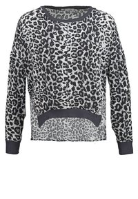 Felpa con stampa leopardo, con maniche lunghe, scollatura rotonda e design corto. Presenta un orlo e polsini in grigio scuro solido, texture di tessuto morbido.