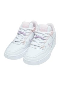 Hvite lær sneakers med rosa detaljer, nettingtunge, rund tå, polstret krage og logo på siden. Snørt med flate hvite lisser.