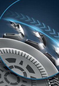 Ingranaggio metallico con denti angolari, caratterizzato da una base circolare e modelli testurizzati, messo in risalto da un arco blu e uno sfondo dinamico.