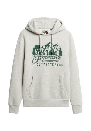 Grijze hoodie van zachte stof met een voorzak, voorzien van een groene berg- en boomegel, trekkoord capuchon en geribde boorden.