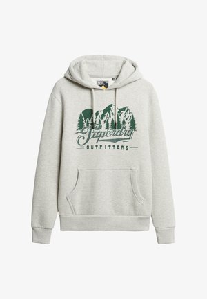 Grå hættetrøje lavet af blødt materiale med en frontlomme, prydet med et grafisk motiv af et grønt bjerg og træ, snoretræk i hætten og ribbede manchetter.