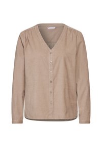 Beige, dlouhý rukáv košile s výstřihem do V, středovým zapínáním na knoflíky, nařasenými rameny a měkkou texturou.