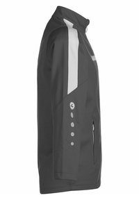 Graue Jacke mit hohem Kragen, ausgestattet mit weißen Seitenelementen und reflektierenden Punkt-Akzenten. Hergestellt aus wasserfestem Material mit Reißverschlusstaschen.