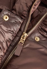 Braune Daunenjacke mit glänzendem Finish, goldfarbenem Reißverschluss und Beschlägen, gestepptem Muster und kleinem Leder-Reißverschlussanhänger.