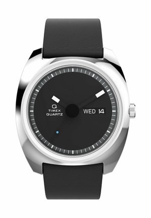 Reloj de cuarzo negro con una esfera redonda negra, manecillas plateadas y una pantalla de fecha. Cuenta con una caja de acero inoxidable y una correa de cuero negra.