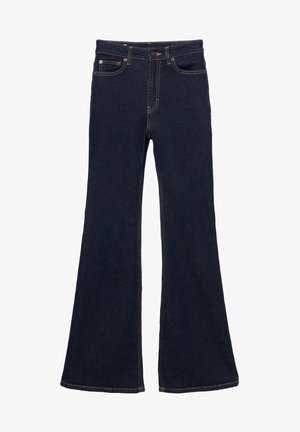 Tmavě modré džíny z denimu s vysokým pasem a širokými rozšířenými nohavicemi, vybavené předními kapsami a kontrastním prošíváním.