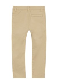 Bež hlače iz bombaža s slim fit krojem, ki imajo zadnji žep, pasne zanke in gladko, mat površino. Enostaven dizajn brez vzorcev.