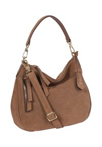 Braune Wildlederhandtasche mit einem lockeren Design, einem einzelnen Schulterriemen, einer Reißverschlusstasche und goldfarbenen Hardware-Akzenten.