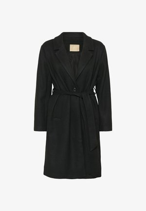 Mustaan vyön varustettu takki, joka on valmistettu pehmeästä kankaasta. Siinä on lovelliset kaulukset, pitkät hihat ja yksi nappisulku. Kahden etupussin lisäksi.