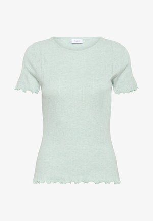 Gaiši zaļš īsās piedurknes adīts tops. Iezīmējas ar ribētu tekstūru, apaļu kakla izgriezumu un viļņotu malu. Audumam ir neliels spīdums un smalka rakstura mode.