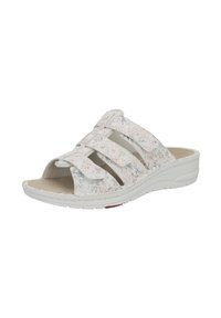 White slide sandal with three adjustable straps, textured surface, and a cushioned footbed, featuring subtle pastel speckles on the straps.