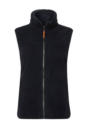 Chaleco de forro polar navy con cuello alto, que presenta una cremallera frontal completa y un tirador naranja, exterior suave y forro interior texturizado y suave.