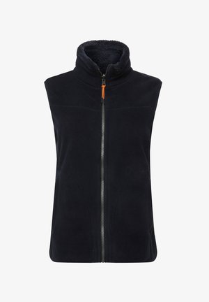 Marine fleece bodywarmer met hoge kraag, voorzien van een volledige rits aan de voorkant en een oranje trekkoord, gladde buitenkant en zachte, gestructureerde binnenvoering.