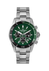 Edelstahl-Uhr mit einem runden grünen Zifferblatt, drei Unterzifferblättern und lumineszierenden Stundenmarkierungen. Schwarze Lünette mit Minutenmarkierungen, wasserdicht.
