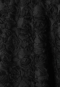 Schwarzer Stoff mit dreidimensionaler floraler Stickerei, die Rosen ähnelt, mit einer strukturierten Oberfläche und weichen, geschichteten Details.