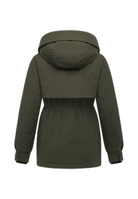 Dark green, waterproof jacket with a hood, cinched waist, and elastic cuffs. Plain design with no visible patterns or hardware details.