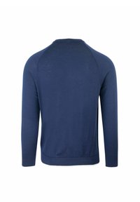 Maglione blu navy a maniche lunghe con scollo rotondo, texture liscia e polsini e orlo a costine. Presenta maniche raglan per un comfort aggiuntivo.