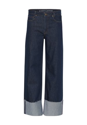 Breda denimjeans i mörk tvätt med fransade ljusblå muddar, med knapp- och dragkedja, fem fickor och kontrasterande sömmar.