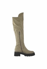 Knee-high, olive green suede boots with a chunky black sole, featuring a side zip closure and a folded top design.