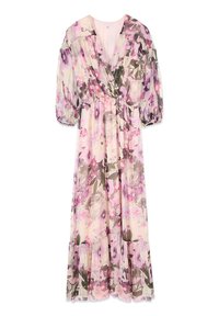 Vestido maxi floral con tonos rosas, morados y verdes, con escote en V, cintura imperio fruncida, mangas abullonadas de tres cuartos y bajo con volantes.