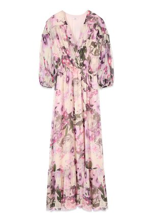 Maxi-Blumenkleid mit rosa, violetten und grünen Farbtönen, mit V-Ausschnitt, geraffter Empire-Taille, dreiviertel Puffärmeln und einem gerüschten Saum.
