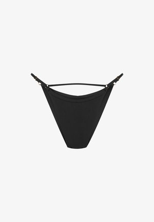Black bikini bottom featuring a seamless design, triangular shape, thin adjustable straps, and gold-tone hardware accents.