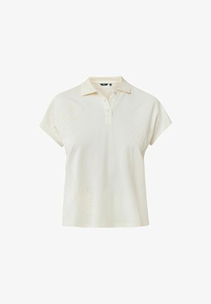 Kortærmet polo-skjorte i off-white bomuld med tonal blomsterbroderi på venstre side, har klassisk krave og tre-knaps placket.