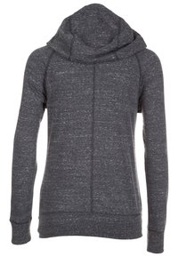 Mörkgrå långärmad hoodie med en figurnära silhuett och synliga sömmar, tillverkad av mjukt, melerat tyg.