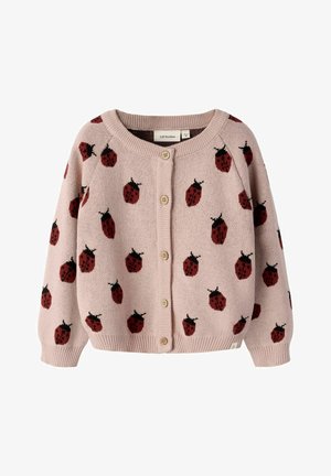 Cardigan rose en tricot avec col rond, boutonnage devant et motifs de coccinelles rouges et noires partout.
