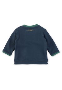 Sweatshirt pour tout-petit à manches longues bleu marine avec col et poignets côtelés verts, texte « Forest Love » en jaune sur le haut du dos.