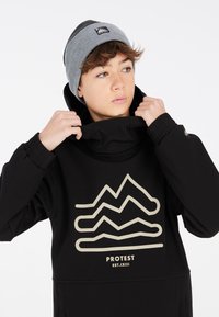 Schwarzer Hoodie mit großem, beigem Berggrafik und Markenlogo; glatte Textur, hoher Kragen und Reißverschlusstasche an der Seite.
