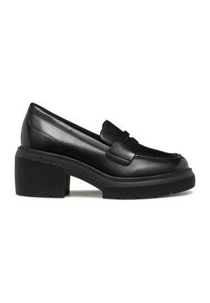 Sort læderloafer med chunky blokhæl og rillede såler, med et klassisk penny strap over fronten.