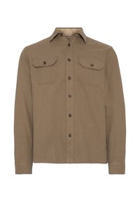 Brun langermet skjorte laget av teksturert stoff, med to brystlommer, knappestolpe foran og rund krage.