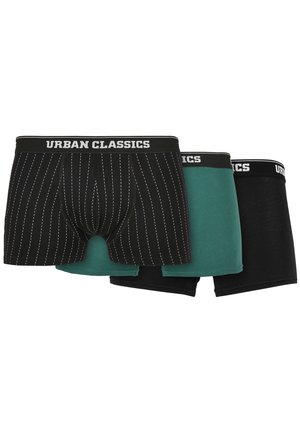 Drei Paare Herren-Boxershorts in Schwarz mit weißen Streifen, Teal und einfarbig Schwarz. Alle haben einen elastischen Bund mit dem Logo "Urban Classics".