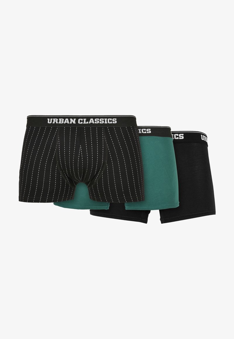 Drei Paare Herren-Boxershorts in Schwarz mit weißen Streifen, Teal und einfarbig Schwarz. Alle haben einen elastischen Bund mit dem Logo "Urban Classics".