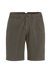 Pantaloni corti verde oliva scuro realizzati in morbido tessuto di cotone. Presentano una chiusura con bottone, tasche frontali e un taglio dritto con orli arrotolati.
