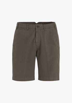 Dunkelolivgrüne Shorts aus weichem Baumwollstoff. Mit Knopfverschluss, Vordertaschen und geradem Schnitt mit umgeschlagenen Säumen.