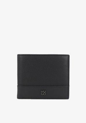Zwarte lederen bifold portemonnee met een getextureerd bovenste gedeelte en een gladde onderste strook voorzien van een klein metalen "HUGO"-logo.