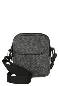 Bolso cruzado gris con patrón de espiga, correa ajustable negra, cierre superior con cremallera y bolsillo en la parte frontal para almacenamiento adicional.