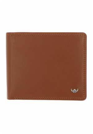 Portefeuille marron en cuir bifold avec des coutures visibles et un petit emblème argenté dans le coin inférieur droit sur fond blanc.