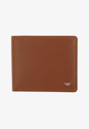 Portefeuille marron en cuir bifold avec des coutures visibles et un petit emblème argenté dans le coin inférieur droit sur fond blanc.