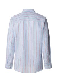 Vaaleansininen pitkähihainen paita, jossa on valkoisia ja punaisia pystyraitoja. Vaatteessa on kauluspaitakaulus ja napilliset hihansuut, ja se on rentoa muotoilua.