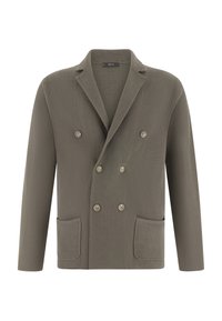 Zweireihige Jacke aus olivgrünem, geripptem Stoff, mit Schalkragen, zwei Vordertaschen und runden Knöpfen.