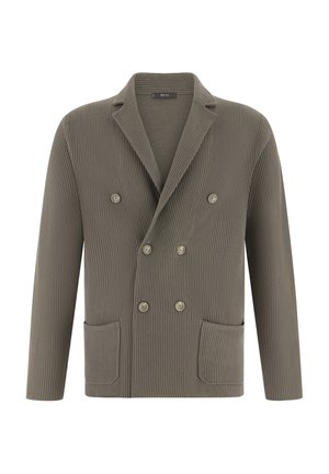 Dubbelgeknoopte jas van ribstof in olijfgroen, met een sjaalkraag, twee zakken aan de voorkant en ronde knopen.