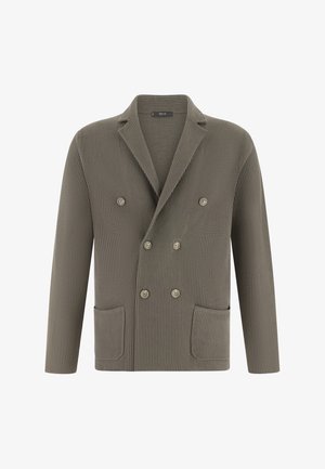 Dubbelgeknoopte jas van ribstof in olijfgroen, met een sjaalkraag, twee zakken aan de voorkant en ronde knopen.