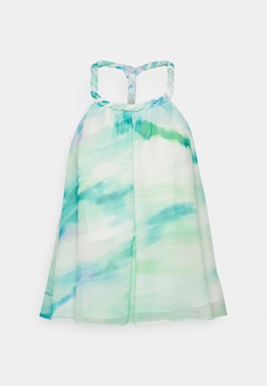 A sleeveless, flowy dress featuring a braided strap design. It has a watercolor pattern in shades of green and blue on lightweight fabric.