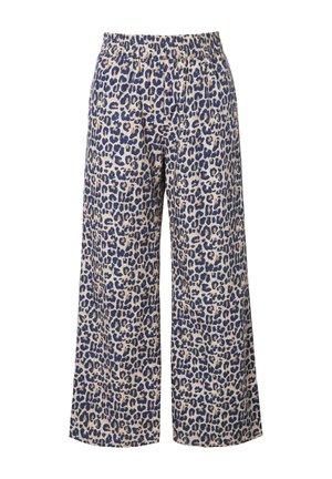 Kuvioitu leopardihousut, joissa on leveä lahje, beige ja tummansininen, elastisella vyötäröllä ja pehmeällä kankaalla mukavuutta varten.