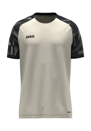 Kurzärmeliges Sportshirt in Hellgrau mit schwarzen gemusterten Schultern und „JAKO“-Logo auf der Brust.